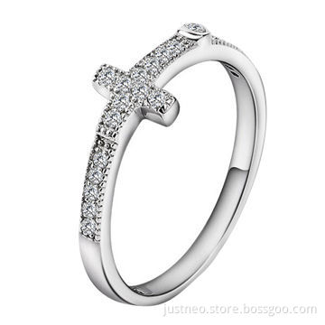 Cubic zirconia rings, sterling silver ring with cross decor for women